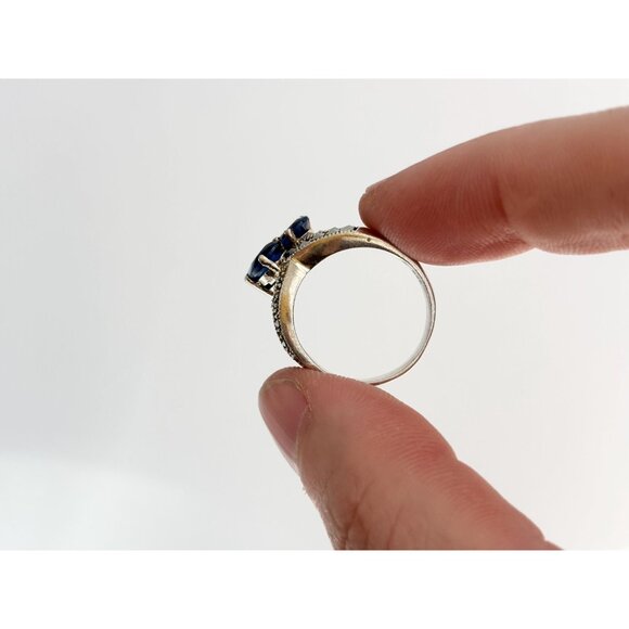 Blue Sapphire & Marcasite Accented 925 Sterling Silver Vintage Ring - sz 6.75 - Picture 7 of 13
